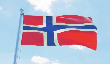 Norveç bayrağı sallayarak karşı mavi gökyüzü. 3D görüntü