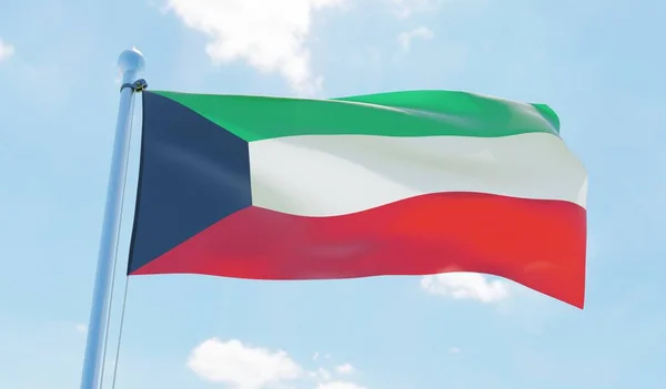 Kuveyt bayrağı sallayarak karşı mavi gökyüzü. 3D görüntü