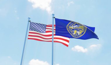 ABD ve devlet, Nebraska'da iki bayrak sallayarak karşı mavi gökyüzü. 3D görüntü