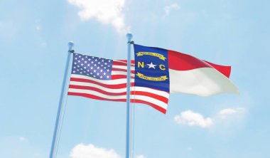 ABD ve devlet Kuzey Carolina, iki bayrak sallayarak karşı mavi gökyüzü. 3D görüntü