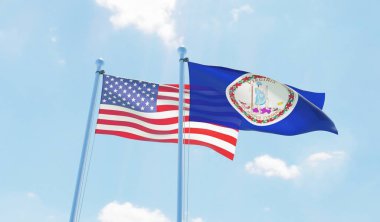 ABD ve devlet Virginia, iki bayrak sallayarak karşı mavi gökyüzü. 3D görüntü