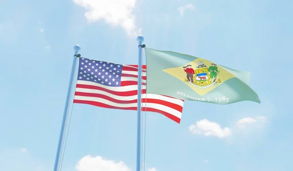 ABD ve devlet Delaware, iki bayrak sallayarak karşı mavi gökyüzü. 3D görüntü