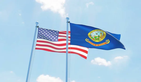 Usa Stanu Idaho Dwie Flagi Macha Przeciw Błękitne Niebo Obraz — Zdjęcie stockowe