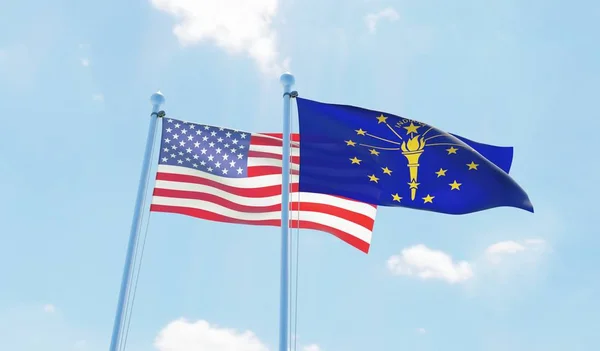 Usa Stanu Indiana Dwie Flagi Macha Przeciw Błękitne Niebo Obraz — Zdjęcie stockowe