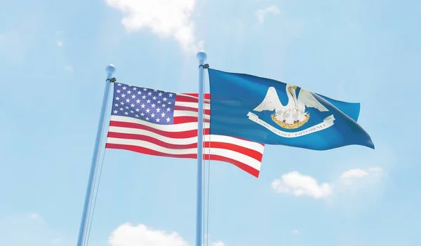 Estados Unidos Louisiana Duas Bandeiras Acenando Contra Céu Azul Imagem — Fotografia de Stock