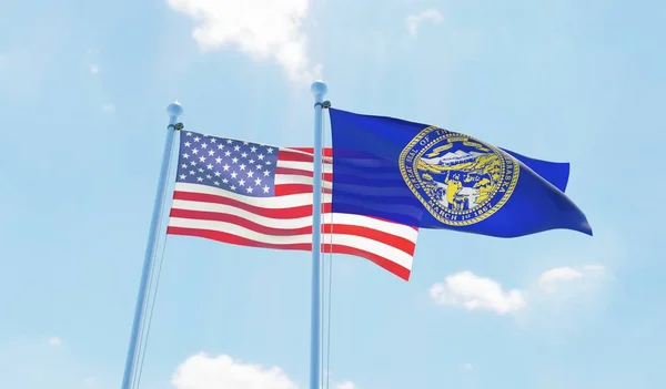 Eua Estado Nebraska Duas Bandeiras Acenando Contra Céu Azul Imagem — Fotografia de Stock