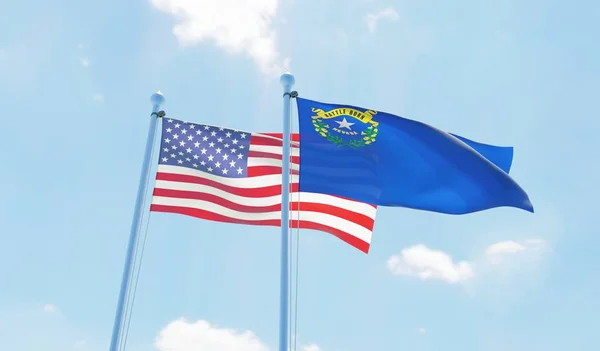 Estado Nevada Dos Banderas Ondeando Contra Cielo Azul Imagen —  Fotos de Stock
