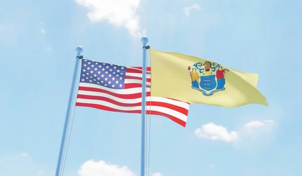 Eua Nova Jersey Duas Bandeiras Acenando Contra Céu Azul Imagem — Fotografia de Stock