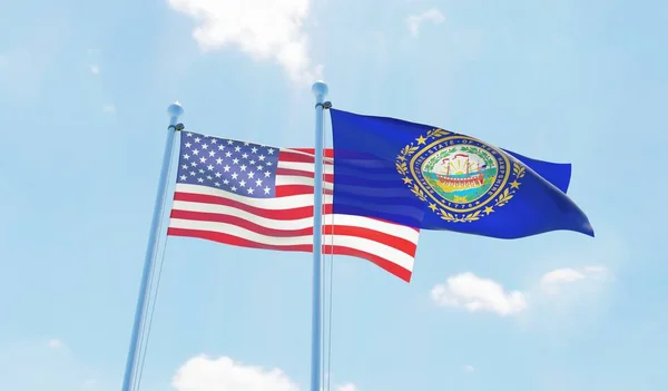 Estado New Hampshire Dos Banderas Ondeando Contra Cielo Azul Imagen —  Fotos de Stock