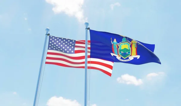 Estado Nueva York Dos Banderas Ondeando Contra Cielo Azul Imagen —  Fotos de Stock