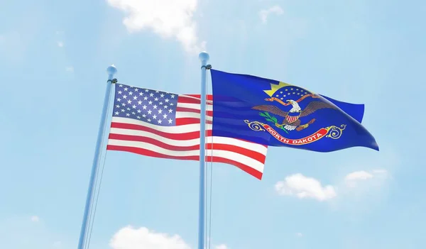 Stati Uniti Dakota Del Nord Due Bandiere Sventolano Contro Cielo — Foto Stock