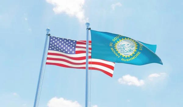 USA and state South Dakota, two flags waving against blue sky. 3d image
