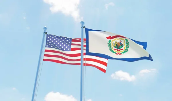 Estados Unidos Virgínia Ocidental Duas Bandeiras Acenando Contra Céu Azul — Fotografia de Stock