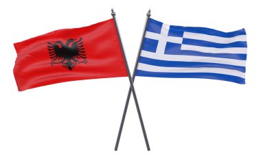 Arnavutluk ve Yunanistan, iki beyaz arka plan üzerinde izole bayrakları geçti. 3D görüntü