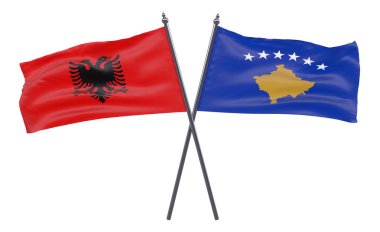 Arnavutluk ve Kosova, iki beyaz arka plan üzerinde izole bayrakları geçti. 3D görüntü