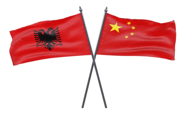 Albania China Dos Banderas Cruzadas Aisladas Sobre Fondo Blanco Imagen —  Fotos de Stock
