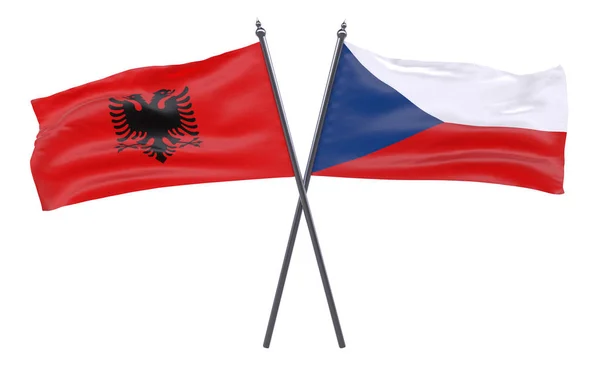 Albanien Och Tjeckiska Två Korsade Flaggor Isolerad Vit Bakgrund Bild — Stockfoto