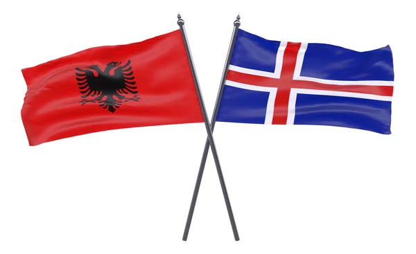 Albania Islandia Dos Banderas Cruzadas Aisladas Sobre Fondo Blanco Imagen —  Fotos de Stock