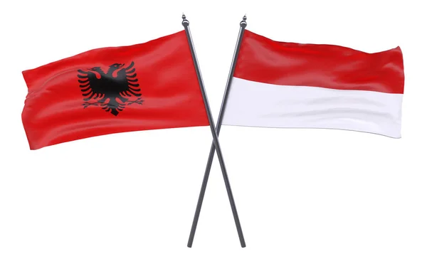 Albania Mónaco Dos Banderas Cruzadas Aisladas Sobre Fondo Blanco Imagen —  Fotos de Stock