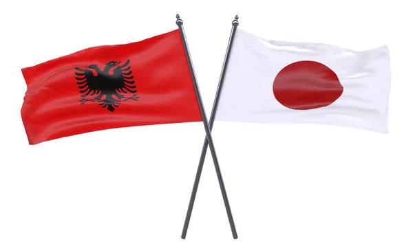 Albania Japón Dos Banderas Cruzadas Aisladas Sobre Fondo Blanco Imagen —  Fotos de Stock