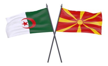 Cezayir ve Makedonya, iki beyaz arka plan üzerinde izole bayrakları geçti. 3D görüntü