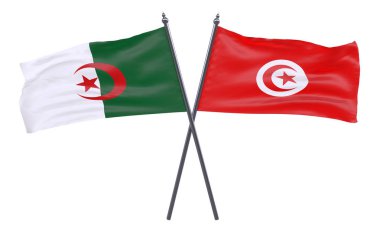 Cezayir ve Tunus, iki beyaz arka plan üzerinde izole bayrakları geçti. 3D görüntü