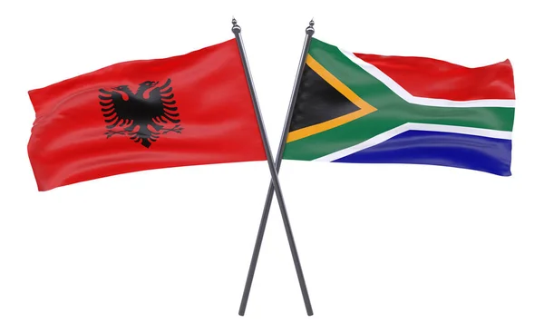 Albania Sudáfrica Dos Banderas Cruzadas Aisladas Sobre Fondo Blanco Imagen —  Fotos de Stock