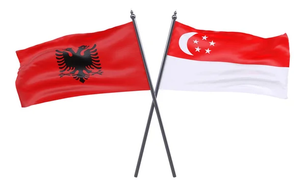 Albania Singapur Dos Banderas Cruzadas Aisladas Sobre Fondo Blanco Imagen —  Fotos de Stock