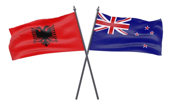 Albania Nueva Zelanda Dos Banderas Cruzadas Aisladas Sobre Fondo Blanco —  Fotos de Stock