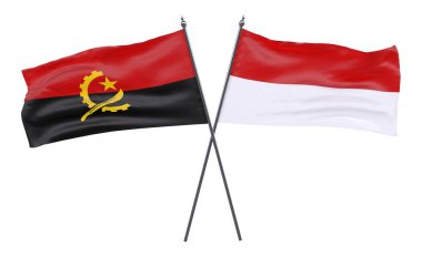 Angola ve Endonezya, iki beyaz arka plan üzerinde izole bayrakları geçti. 3D görüntü
