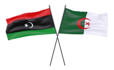 Libya ve Cezayir, iki beyaz arka plan üzerinde izole bayrakları geçti. 3D görüntü