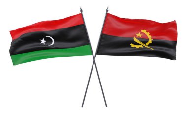 Libya ve Angola, iki beyaz arka plan üzerinde izole bayrakları geçti. 3D görüntü