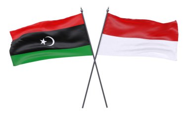 Libya ve Endonezya, iki beyaz arka plan üzerinde izole bayrakları geçti. 3D görüntü