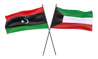Libya ve Kuveyt, iki beyaz arka plan üzerinde izole bayrakları geçti. 3D görüntü