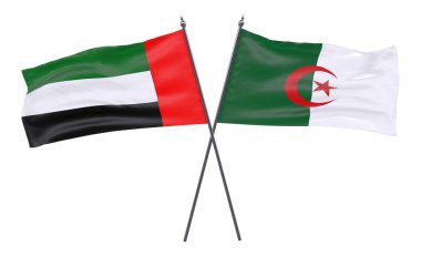 Birleşik Arap Emirlikleri ve Cezayir, iki beyaz arka plan üzerinde izole bayrakları geçti. 3D görüntü