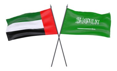 Birleşik Arap Emirlikleri ve Suudi Arabistan, iki beyaz arka plan üzerinde izole bayrakları geçti. 3D görüntü