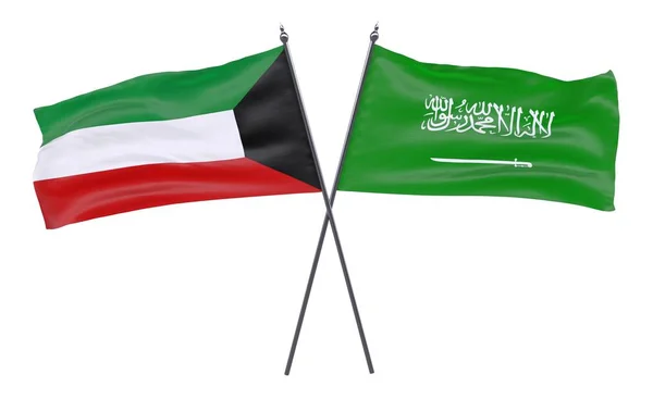 Kuwait Und Saudi Arabien Zwei Gekreuzte Flaggen Auf Weißem Hintergrund — Stockfoto