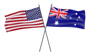 ABD ve Avustralya, iki beyaz arka plan üzerinde izole bayrakları geçti. 3D görüntü