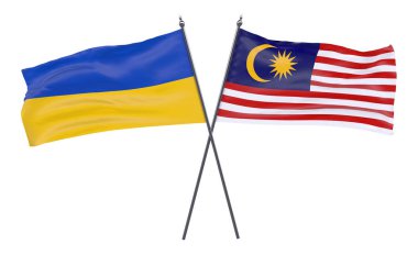 Ukrayna ve Malezya, iki beyaz arka plan üzerinde izole bayrakları geçti. 3D görüntü