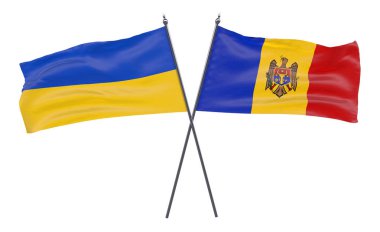 Ukrayna ve Moldova, iki beyaz arka plan üzerinde izole bayrakları geçti. 3D görüntü