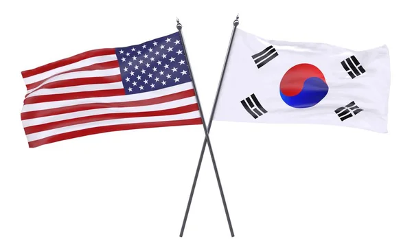 美国和韩国 两个交叉的旗帜被隔离在白色背景上 — 图库照片