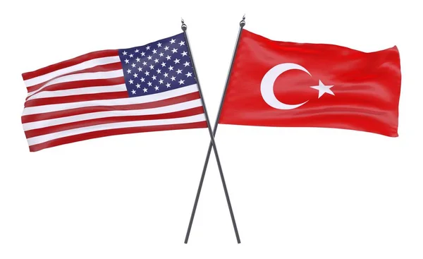 美国和土耳其 两个交叉的旗帜被隔离在白色背景上 — 图库照片