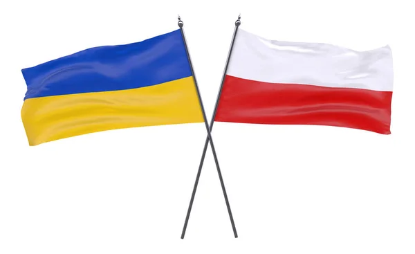 Ukrayna ve Polonya, iki beyaz arka plan üzerinde izole bayrakları geçti. 3D görüntü