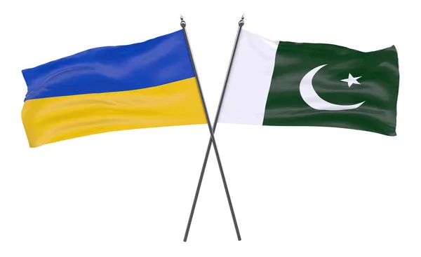 Ukrajina Pákistánu Dva Překřížené Příznaky Izolované Bílém Pozadí Obrázek — Stock fotografie