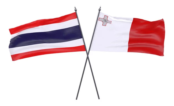 Tajlandia Malta Dwa Skrzyżowane Flagi Białym Tle Obraz — Zdjęcie stockowe