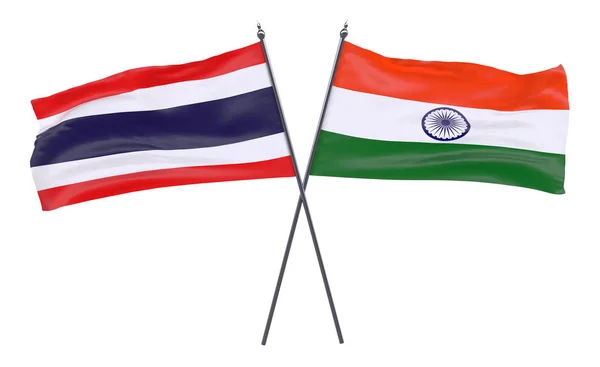 泰国和印度两个交叉的旗帜在白色背景下被隔离 — 图库照片
