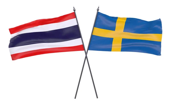 Thailand Zweden Twee Gekruiste Vlaggen Geïsoleerd Een Witte Achtergrond Afbeelding — Stockfoto