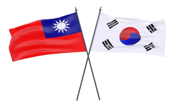 台湾和韩国两个交叉旗被隔离在白色背景上 — 图库照片