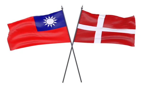 Taiwan Dinamarca Duas Bandeiras Cruzadas Isoladas Fundo Branco Imagem — Fotografia de Stock