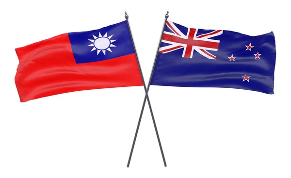 Ταϊβάν Και Νέα Zealad Δύο Διέσχισε Σημαίες Που Απομονώνονται Λευκό — Φωτογραφία Αρχείου
